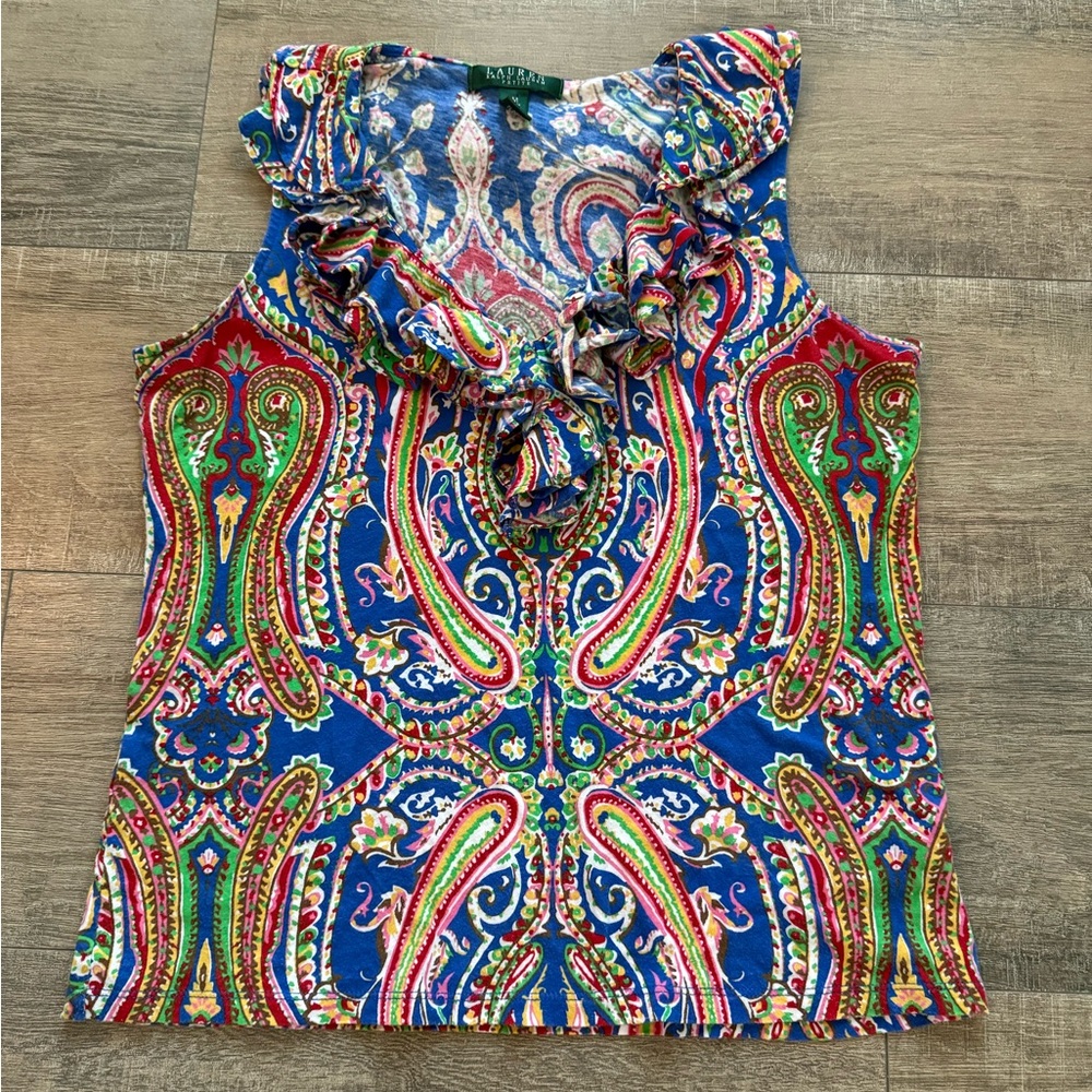 Ralph Lauren Blue Paisley Ruffle Blouse